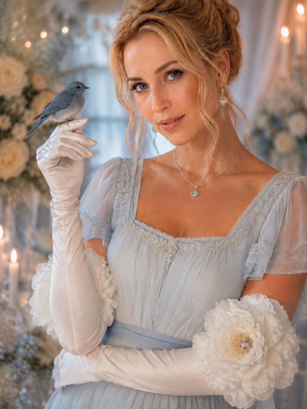 Handmade White Satin Opera Gloves Oversized Rose Crystal Accents, Bridal Formal